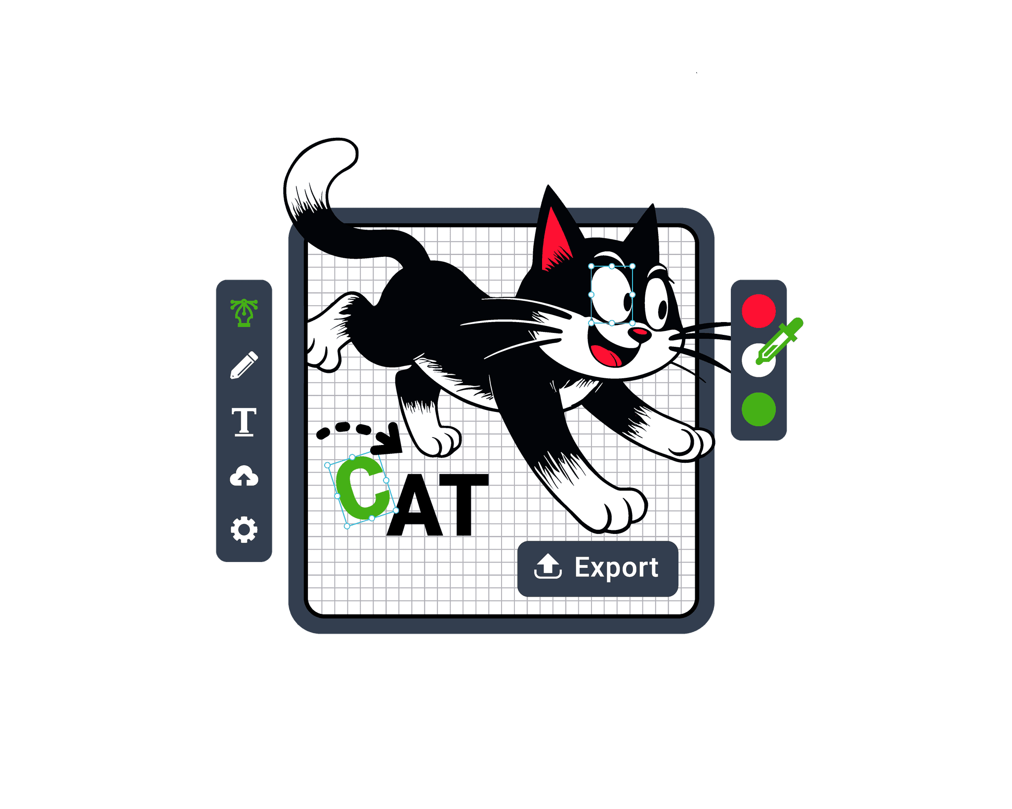 Illustration of a cat being edited in an SVG editor, showcasing tools for image to vector conversion and vector file export. Ideal for learning how to make a vector image with a vector converter.
